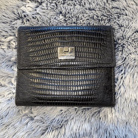 Salvatore Ferragamo Snakeskin Black Silver-Tone Hardware Tri-Fold Wallet MP $398 - Picture 9 of 15